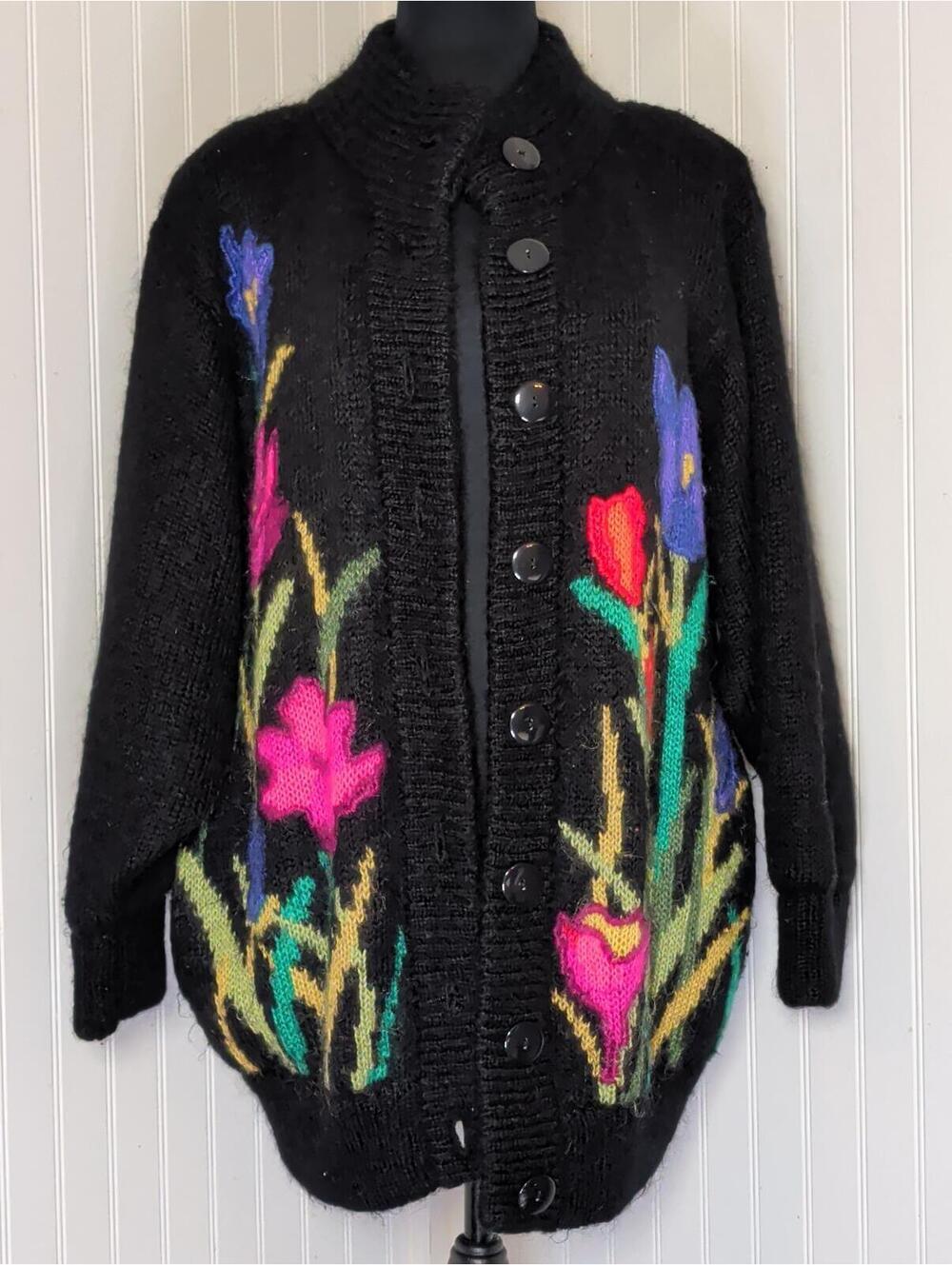 Vintage BIBO Black Floral Mohair Blend Lined Cardigan Jacket Sweater Pockets OS